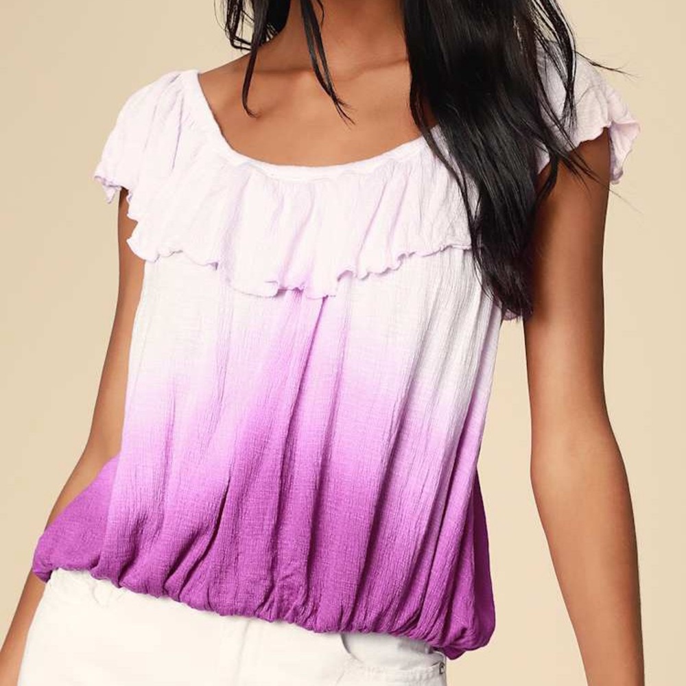 Free People Ruffled White and Purple Blouse